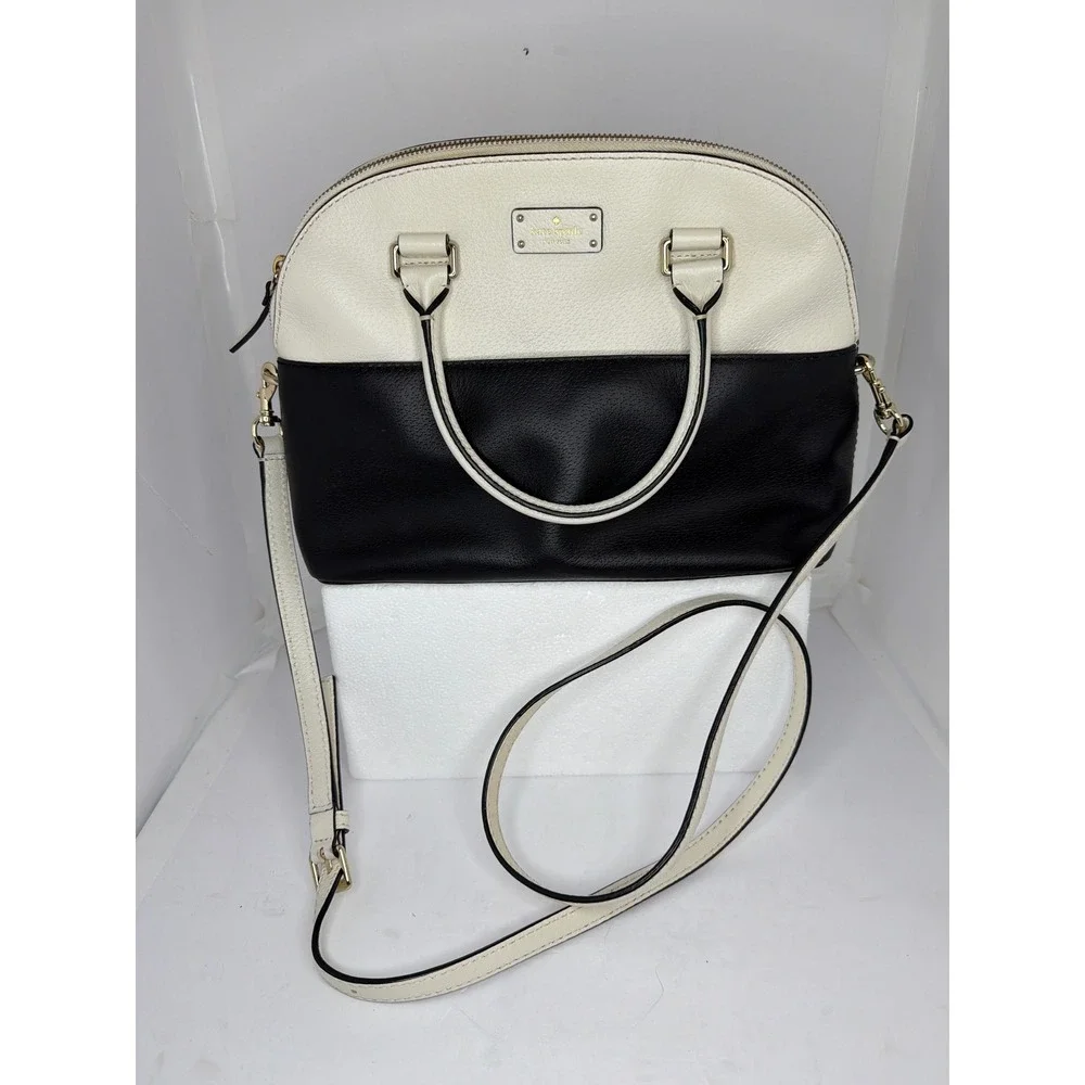 Kate Spade New York Colorblock Dome Satchel Bag Cream Black Pebbled Leather